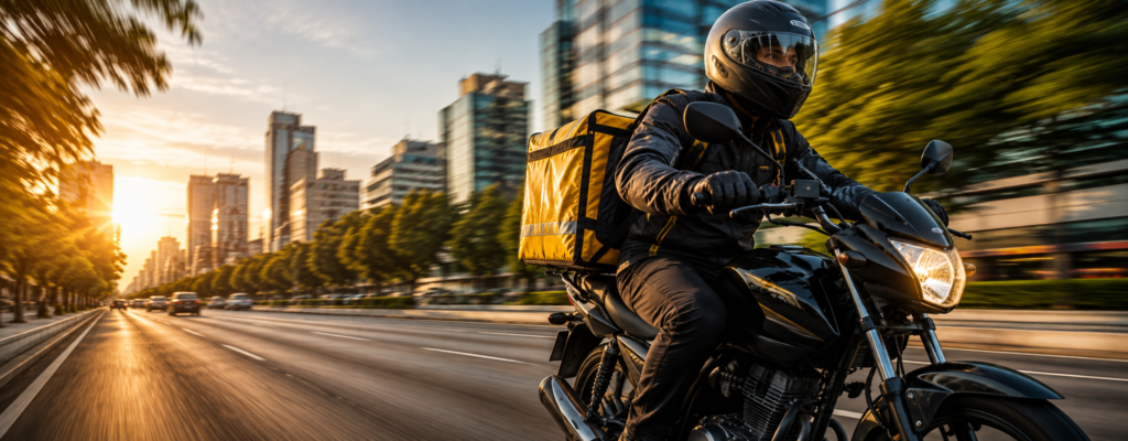 Motoboy com sua moto protegida