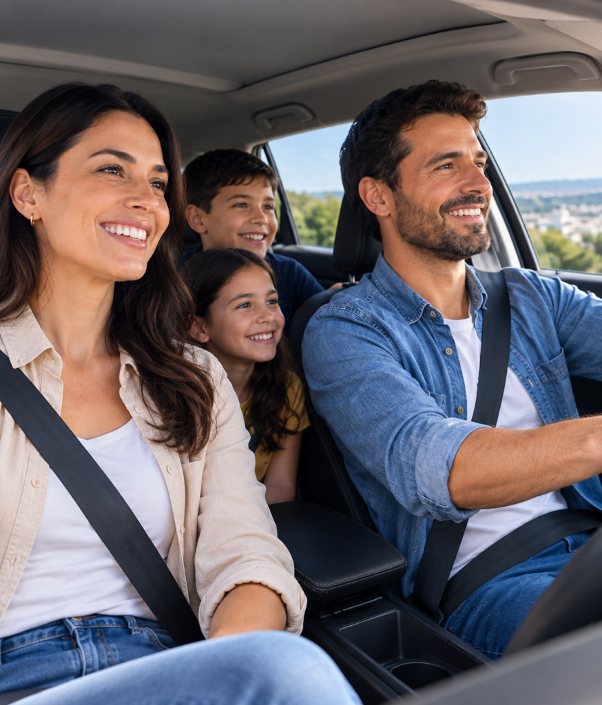 Família viajando com tranquilidade em um veículo